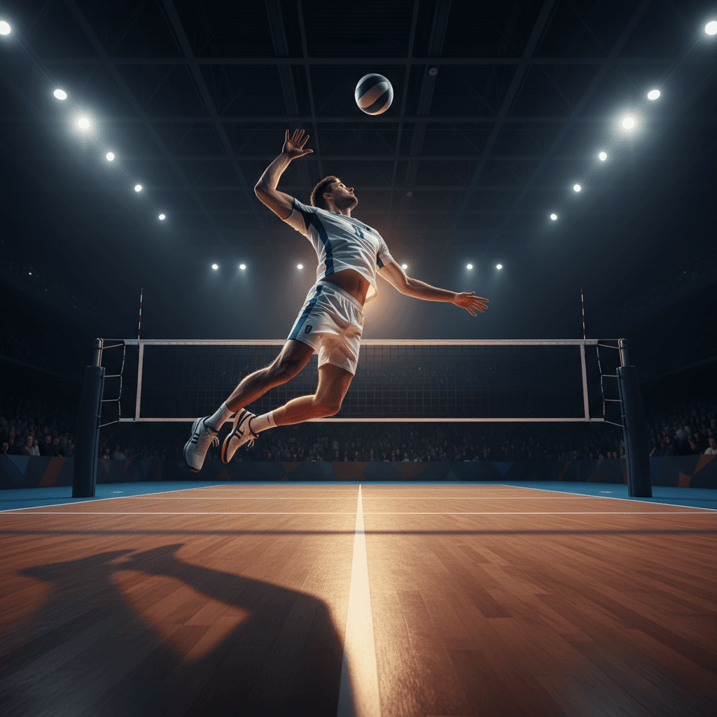 Volleyball player executing a spike during tournament play