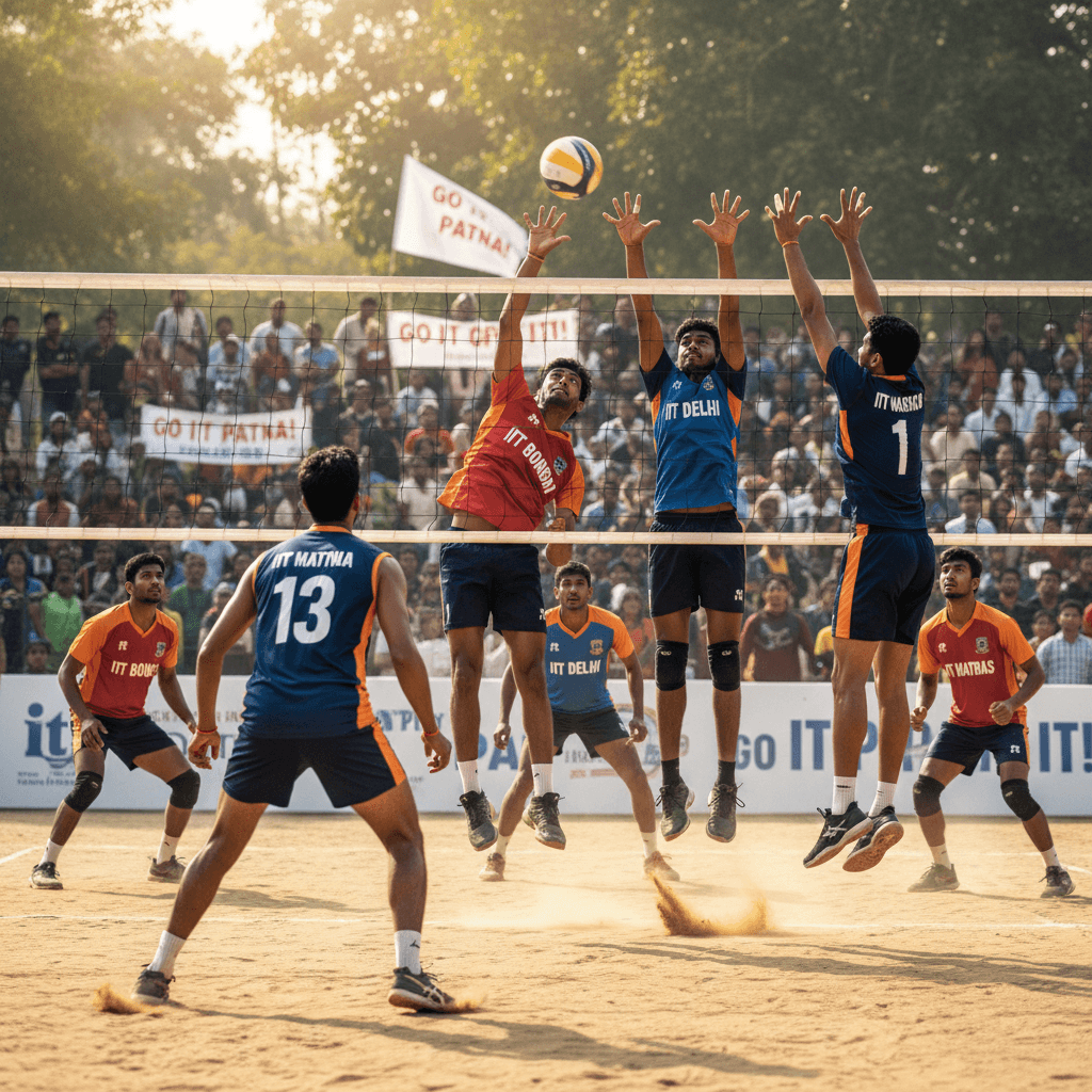 Athletes playing volleyball at a lively inter-college sports match.