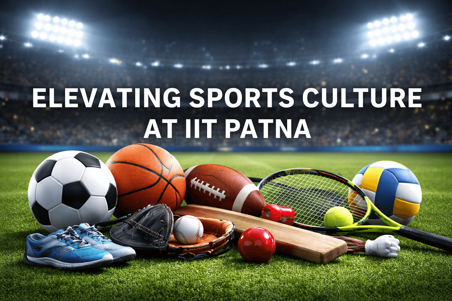 Various sports equipment in a stadium with text Elevating Sports Culture at IIT Patna.