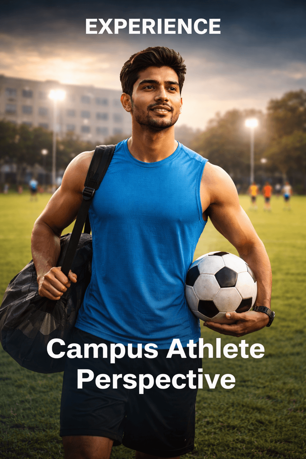 Smiling young athlete holding a soccer ball on a campus field at golden hour.